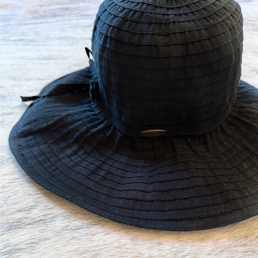 NWOT Cappelli Straworld Black Oversized Ribbon Sun Hat UPF 50+ 5” Brim, Packable - Picture 6 of 14
